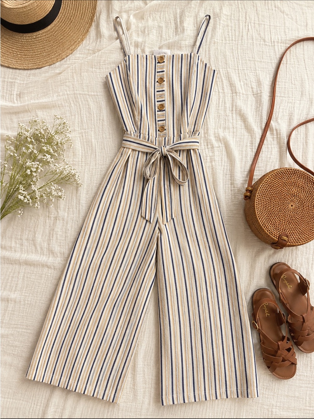 Papermoon Beige Jumpsuit with Navy & Cream Stripes, rayon/linen blend